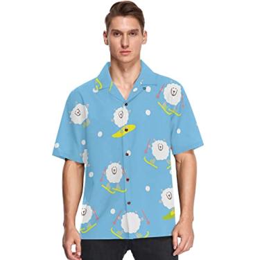 Imagem de visesunny Camiseta masculina casual casual masculina manga curta manga curta Aloha de ovelha engraçada em esquis snowboard azul havaiana, Multicolorido, M