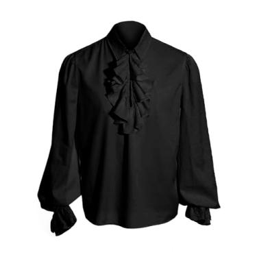Imagem de Heyigrow Camisetas masculinas de pirata, manga comprida, renda com babados, cosplay de vampiro, fantasia medieval vitoriana de poliéster, Preto, M