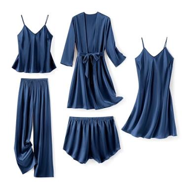 Imagem de SAPJON Pijama feminino de seda, conjunto de pijama com 5 peças, roupa de dormir, roupão de cetim e shorts, Azul marino, M