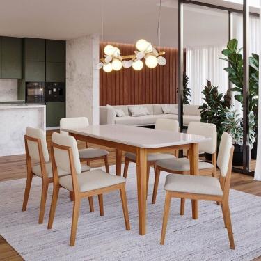 Imagem de Conjunto Sala de Jantar 1 Mesa Tangará 160cm 6 Cadeiras Estofadas Miriti Cabecasa Madeiramadeira Off White/Creme
