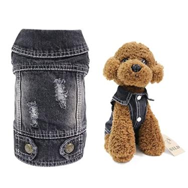 Imagem de Jaqueta jeans para cães SILD Pet Clothes Cachorro Casaco de brim azul legal Pequeno Médio Cães Lapela Colete Clássico Capuz Azul filhote Vintage Roupas lavadas (M, Preto)