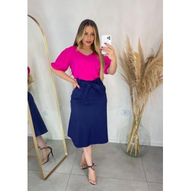Imagem de Saia Midi Evasê Azul Marinho Tecido Bengaline - Vilma Valentti - Vilma