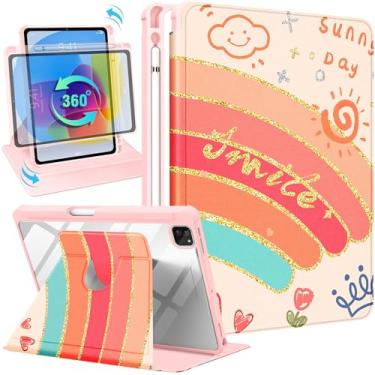 Imagem de Uppuppy Capa para iPad Air de 5ª/4ª geração 10,9, capa para iPad Pro de 11 polegadas, capa feminina para meninas, capa fólio, suporte para lápis, design de arco-íris fofo, suporte giratório para Apple iPad Air 5/4 (2022/2020)/Pro 11 polegadas