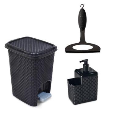 Imagem de Kit Porta Detergente e Esponja C/ Bico Dosador + Lixeira 7L Ratan + Ro