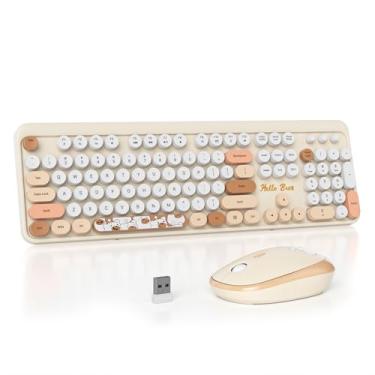 Imagem de Mosptnspg Teclado colorido de 2,4 G, 104 teclas sem fio, personalizadas, membrana redonda, teclado retrô, máquina de escrever, teclado de escritório para PC/Mac/Laptop/Tablet/Computador Windows (Off