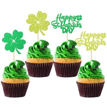 Imagem de Gyufise Pacote com 24 enfeites de cupcake Happy St Patrick's Day Four Leaf Clover Shamrock Cake Topper para decoração de festa de chá de bebê de São Patrício