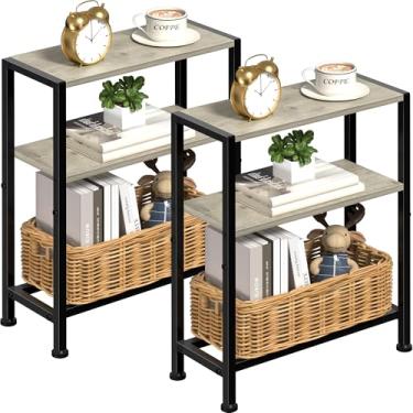 Imagem de Conjunto de 2 mesas laterais estreitas para espaços pequenos, mesa de canto pequena de 2 camadas com suporte de prateleira, mesa de cabeceira fina, mesa de sofá de lanche skinny na sala de estar,