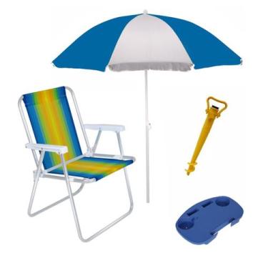 Imagem de Kit Praia Guarda Sol 1,8m Cadeira Alta Alumínio Mesa Portátil Saca Are