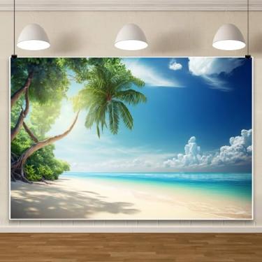 Imagem de ChloropLastid 3 x 2 m, palmeiras tropicais, oceano, ilha, pano de fundo, céu azul, praia, praia, litoral, verão, cenário de fundo para fotografia, decoração de festa de aniversário, bandeira, retrato