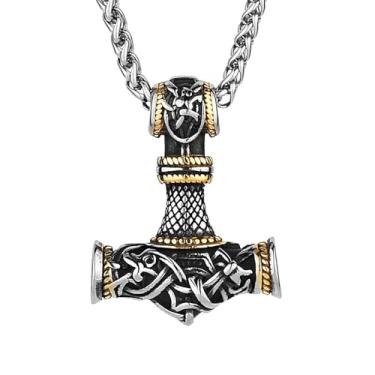 Imagem de LOBON Colar Nordic Viking Thor Hammer Mjolnir Pingente de Mitologia Nórdica para Homens Amuleto Joias de Aço Inoxidável Presente, Aço inoxidável, Sem Pedra Preciosa