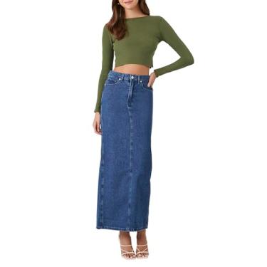 Imagem de Forever 21 Saia feminina jeans midi com fenda, Jeans médio, P