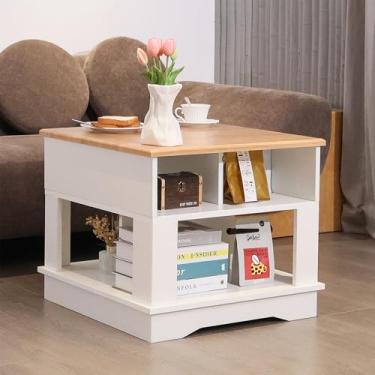 Imagem de ALBAD Mesa de centro quadrada com armazenamento de 2 níveis, mesa de madeira branca e natural, mesa central compacta de 59,9 cm, design que economiza espaço, montagem fácil, mesa de centro minimalista