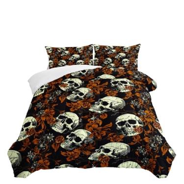 Imagem de Nttopship Conjunto de edredom de caveira preta, tamanho Queen, conjunto de cama de caveira gótica, 3 peças, com 2 fronhas, para decoração de quarto gótico de crianças e adultos