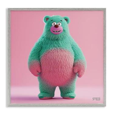 Imagem de Stupell Industries Desenho de arte de parede giclée emoldurado de urso verde sorridente por RB, moldura cinza, 43 x 43 cm