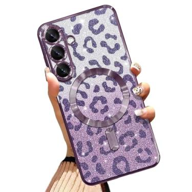 Imagem de AIGOMARA Capa de telefone feita para Plus [compatível com carregamento sem fio] Design de estampa de leopardo TPU macio com glitter Bling Capa à prova de choque anti-arranhões para mulheres - Roxa