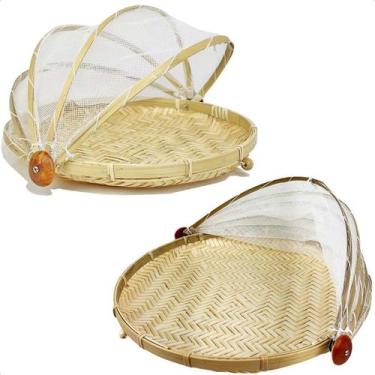 Imagem de Kit 2 Cestos Porta Pão Bolo Bambu Cobertura Retrátil 40/30cm - MUNDIAR
