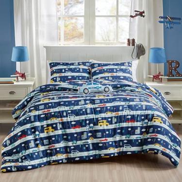 Imagem de Conjunto de edredom de carro de polícia infantil, casal/queen, azul, 4 peças com estampa divertida de trânsito e veículo para meninos e meninas