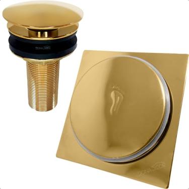 Imagem de Dona D Cor, Valvula Click Dourada 7/8 E Ralo Click 10x10 Aço Inox Kit Escoamento Banheiro Gold Ralo Inteligente 10cm E Valvula Ralo Pia Banheiro Lavatorio 30mm