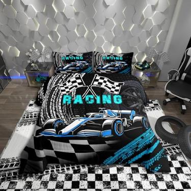 Imagem de Conjunto de edredom casal de carro esportivo infantil, carro de corrida azul, tema de esportes radicais, decoração de quarto de meninos e adultos, lençol com 2 fronhas