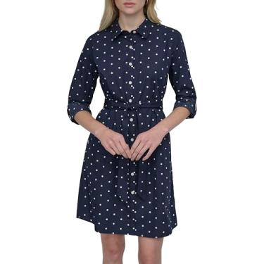 Imagem de DKNY Minivestido feminino de manga comprida com gola e cinto na cintura, Azul-marinho/marfim, 48