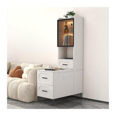 Imagem de Armário lateral de sofá Placa de rocha sofá aparador armário alto sala estar mesa canto prateleiras mesa lateral pequena mesa de centro armário lateral Armário de armazenamento(Branco,65x40x165cm)