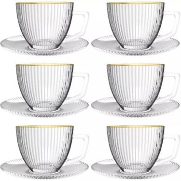 Imagem de Jogo 6 Xicaras de Café com Pires em Vidro Graffiato Borda Dourada 230ml (Modelo Canelado Frisado Riscado)