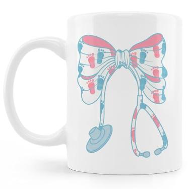 Imagem de BESERH Caneca de café Nicu Nurse Labor and Delivery, presentes de agradecimento da semana da enfermeira pediátrica, presentes de enfermagem para mulheres, estetoscópio arco coquete caneca de café