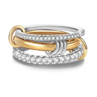 Imagem de COOSLIM Conjunto de anéis empilháveis de ouro para mulheres que não mancham, prata e ouro, anéis delicados de zircônia cúbica CZ banhados a ouro 18k, anéis conectados com vários elos, 7, Prata Cobre