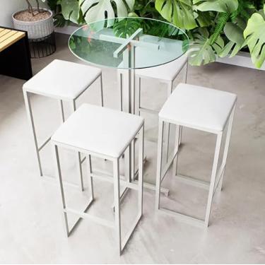 Imagem de Conjunto Mesa Alta Bar Bistrô Redonda Vidro 4 Bancos Estofado Industrial White (Aço, Branco)
