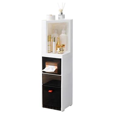 Imagem de Armário de armazenamento de casa de banho pequeno branco, torre de armazenamento de carrinho de gavetas de plástico multiusos com caixote do lixo, armário alto estreito de casa de banho de 9,4 x 9,4 x