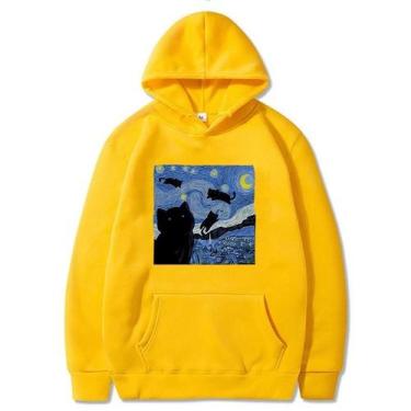 Imagem de Moletom Com Capuz De Lã Grande Masculino Estrelado Gato Noite Estampa 