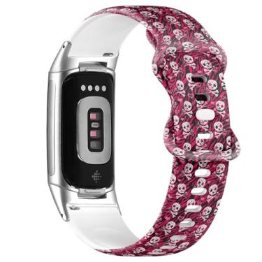 Imagem de Pulseira de silicone macio compatível com Fitbit Charge 5/Fitbit Charge 6 (estampa de caveira de estrela de zebra) para mulheres e homens
