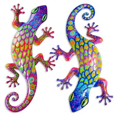 Imagem de Pipilily Pacote com 2 peças de arte de parede de lagartixa de metal, lagarto de metal, decoração de escultura para pendurar no jardim, quintal, sala de estar, quarto, pátio, varanda (estilo 1)