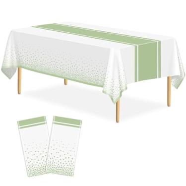 Imagem de LIKAJON Pacote com 2 toalhas de mesa brancas e verde-sálvia, decoração de festa, toalha de mesa de plástico branca impressa, verde sálvia, caminho de mesa, descartável, retangular, 137 x 272 cm, capa