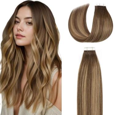 Imagem de Lacer Extensões De Cabelo Com Fita Adesiva - Castanho Chocolate A Loiro Caramelo Escuro - Cabelo Humano Brasileiro Remy - 20 Unidades, 50 Gramas, 22 Polegadas - Cola Macia Adesiva