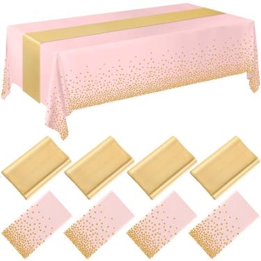 Imagem de Conjunto de toalhas de mesa Breling, pacote com 8 unidades, rosa/dourado, plástico e cetim para casamento