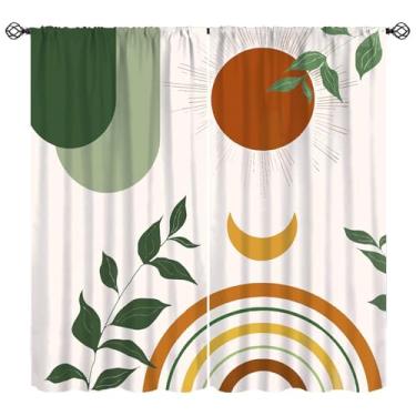Imagem de Cortina Estética Boho Abstrata Meados do Século Primavera Verde Natureza Folha Sol Janela Tratamentos Moderno Minimalista Geométrico Arco Cortinas para Quarto, Sala de Estar, Cozinha, Decoração de
