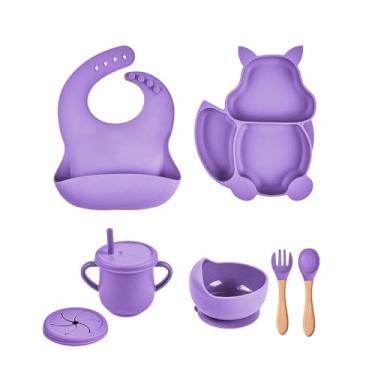 Imagem de Kit 7 Alimentação De Bebe Prato Silicone Infantil Babador (Roxo)