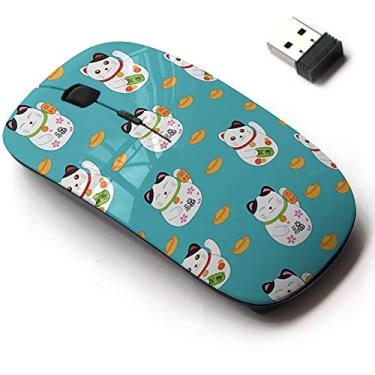 Imagem de Mouse sem fio 2,4 G com design de padrão fofo para todos os laptops e desktops com nano receptor - Letra japonesa Lucky Fortune Cat