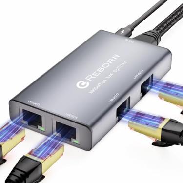 Imagem de Reborn Divisor Ethernet 1 a 4 de alta velocidade 1000 Mbps, divisor de cabo Ethernet RJ45 Gigabit 1 a 4, divisor LAN com cabo de alimentação USB para cabo Cat 5/6/7/8 [4 dispositivos de rede