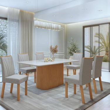 Imagem de Conjunto Luar 170cm Tampo MDF com Vidro e 6 Cadeiras Apogeu Amêndoa Clean/Off White/ Cinza