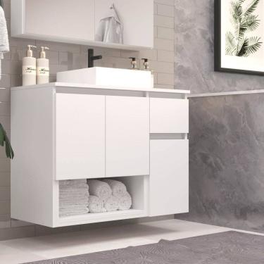 Imagem de Gabinete Banheiro Suspenso 80cm Aurora com 03 Portas 01 Gaveta e Nicho com Cuba Branco