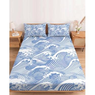 Imagem de Ruian Store Jogo de lençol Queen com elástico de 12,7 a 40,6 cm, lençol de baixo macio com listras azuis abstratas, arte geométrica marinha moderna, lençol com elástico e fronha