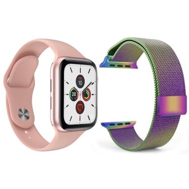 Imagem de Kit 1 Smartwatch T500 Iwo Max Rosa + 1 Pulseira Arco Íris