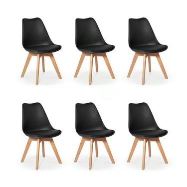 Imagem de Kit C/ 6 Cadeiras Leda ? Charles Eames, Saarinen Wood Com Almofada Preta