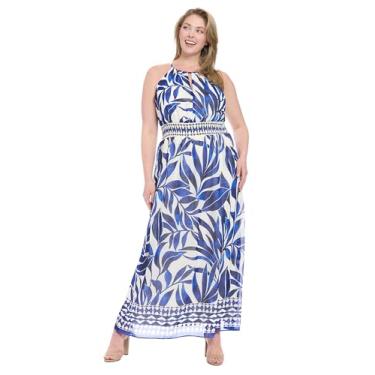 Imagem de London Times Vestido feminino maxi rodado cintura império macio leve verão vestidos, Creme/azul índigo, 54