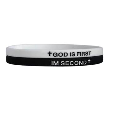 Imagem de Pingyongchang GOD IS FIRST IM SECOND Pulseiras de silicone cristão cruz inspiradora versículos bíblicos oração religiosa pulseira de borracha para mulheres homens fé amizade casais presentes, Metal