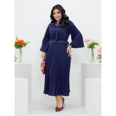 Imagem de Vestido Midi Plissado Manga Flare Gola com Amarração Evangélico Social