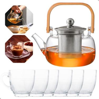 Imagem de Conjunto de Chaleira de Vidro Borossilicato 1L com Alça, Infusor de Aço Inox e 6 Canecas de Vidro 200ml