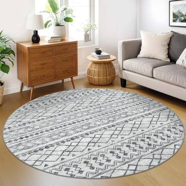 Imagem de KUTA Tapetes redondos Boho 1,8 m cinza círculo marroquino lavável, antiderrapante, tapete geométrico desgastado macio para sala de estar, quarto, berçário, dormitório, decoração